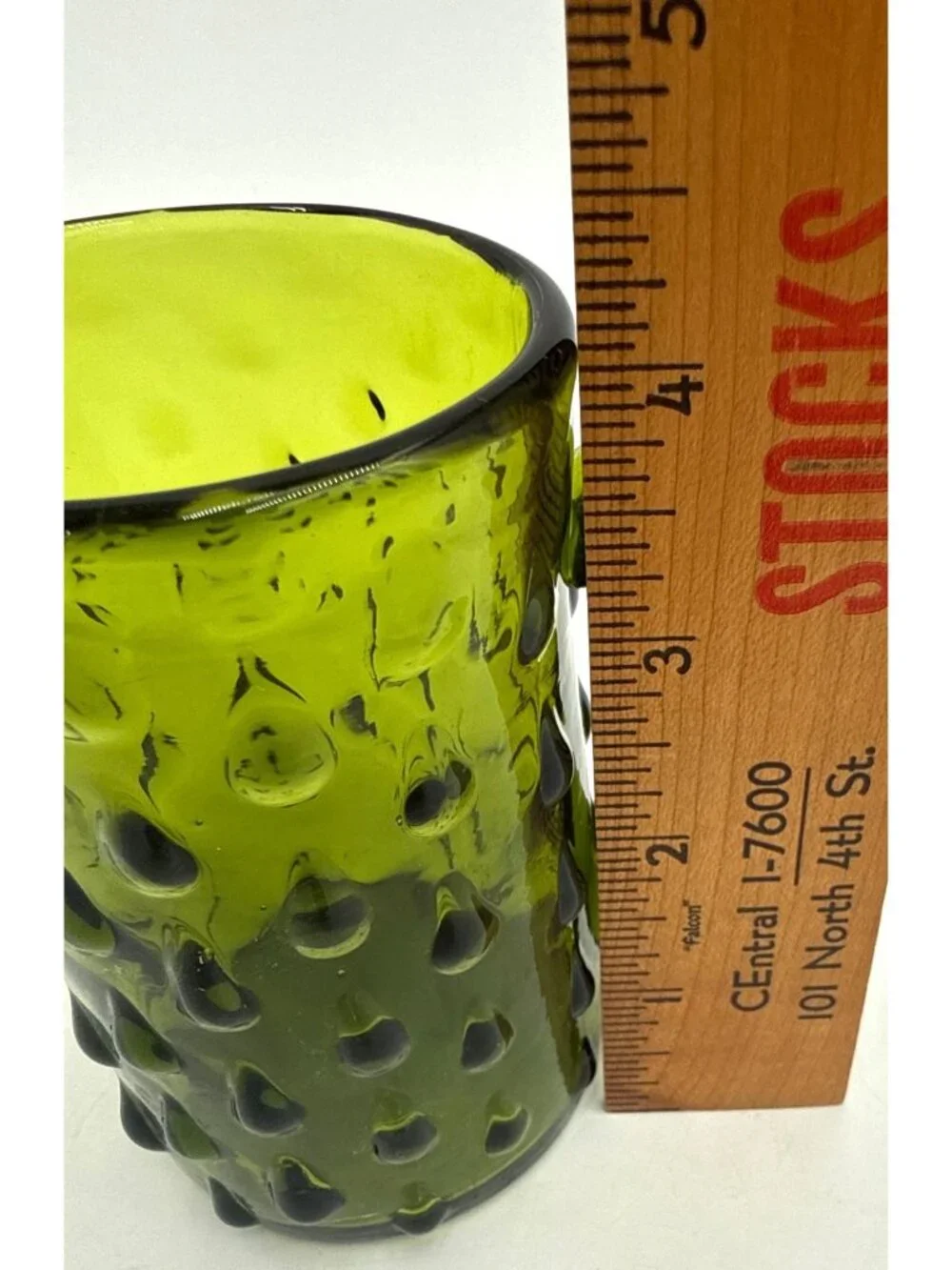 Vtg Handled Small Blown Art Glass Teardrop Pattern Avocado Green Pitcher/Creamer